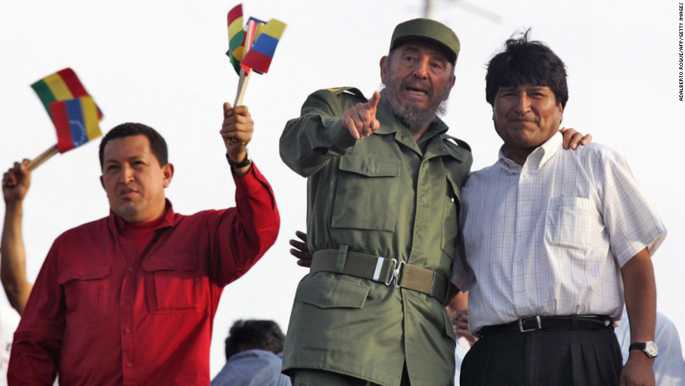 Hugo Chávez with Fidel Castro and Evo Morales. Photo: TeleSUR.