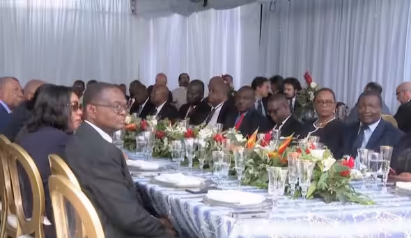 Members of Prime Minister Garry Conille’s government at the luncheon at the Villa d’Accueil, his official residence, during their installation on Jun. 12. Second from right is Education Minister Antoine Augustin. Photo: Haïti Liberté.