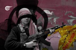 Young (eyes covered) kid holding a machine gun. Photo: Zainab Termos/Al Mayadeen.