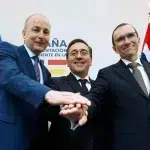 Ireland's Foreign Minister Micheal Martin (Left), Spain's Foreign Minister Jose Manuel Albares Bueno (Middle) and Norway's Foreign Minister Espen Barth Eide (Right) pose for a photo, at the end of a media conference, during talks on the Middle East, in Brussels, on May 27. Photo: Geert Vanden Wijngaert/Associated Press.