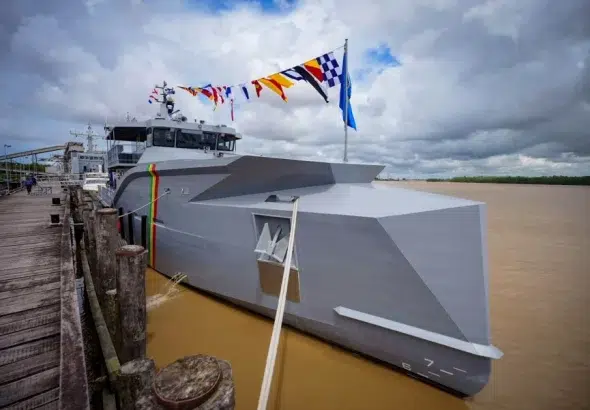 The new Guyanese offshore patrol vessel GDFS Shahoud. Photo: Guyanese Presidential Office.