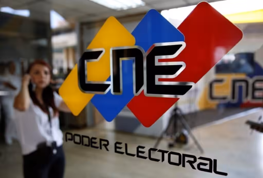 The Venezuelan National Electoral Council (CNE) logo displayed at its headquarters in Caracas. File photo.