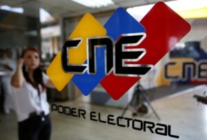 The Venezuelan National Electoral Council (CNE) logo displayed at its headquarters in Caracas. File photo.