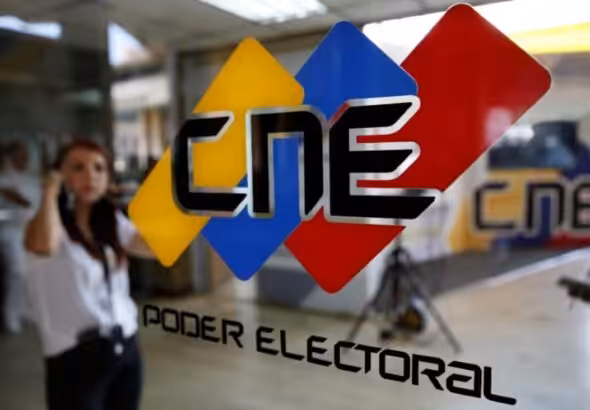 The Venezuelan National Electoral Council (CNE) logo displayed at its headquarters in Caracas. File photo.