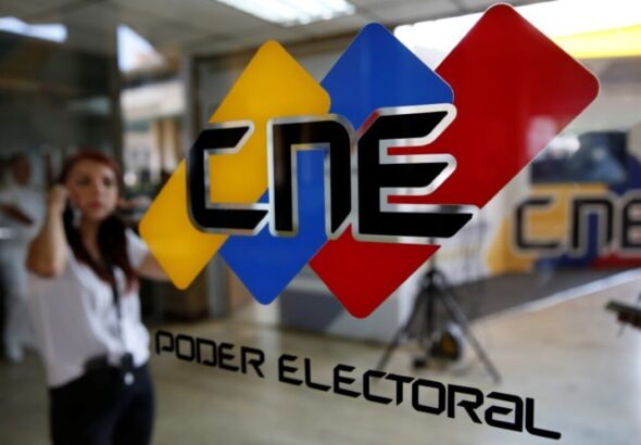 The Venezuelan National Electoral Council (CNE) logo displayed at its headquarters in Caracas. File photo.