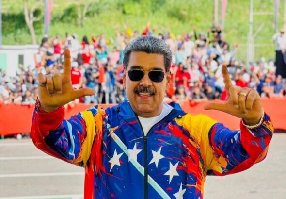 Venezuelan President Nicolas Maduro wearing sunglasses during a political rally in Caracas on Saturday, May 8, 2024. Photo: X/@JacquelinePSUV.