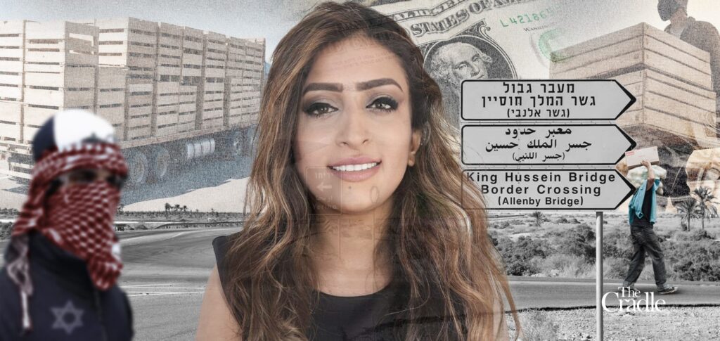 Palestinian-Jordanian journalist Hiba Abu Taha, with a collage of pictures showing Jordanian trade with Israel through the King Hussein Bridge border crossing. Photo composition: The Cradle.
