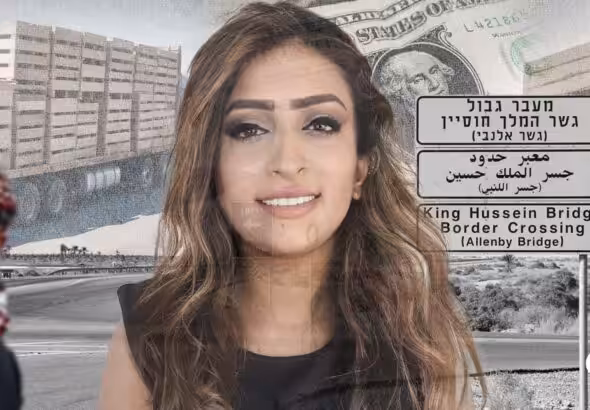 Palestinian-Jordanian journalist Hiba Abu Taha, with a collage of pictures showing Jordanian trade with Israel through the King Hussein Bridge border crossing. Photo composition: The Cradle.