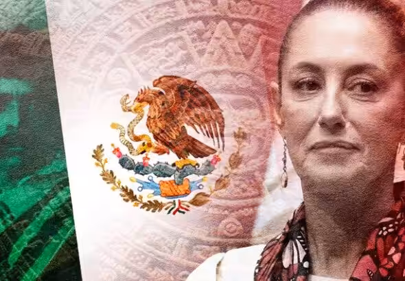 Emiliano Zapata (Left), the Mexican flag (Center) and Claudia Sheinbaum (Right). Photo: United World International.