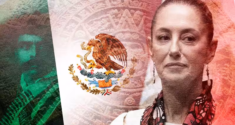 Emiliano Zapata (Left), the Mexican flag (Center) and Claudia Sheinbaum (Right). Photo: United World International.