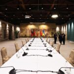 Negotiation talks table with the flags of Turkey, Russia and Ukraine Photo: Sputnik/file photo.