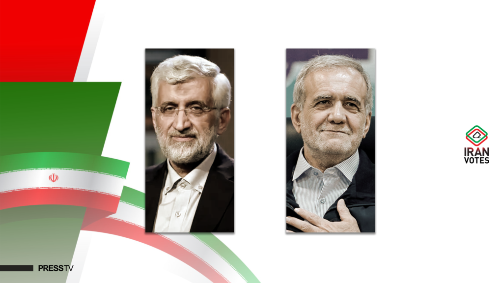 Former top nuclear negotiator Saeed Jalili (left) and former health minister Masoud Pezeshkian (right) head to a runoff election on July 5, 2024. Photo: PressTV.