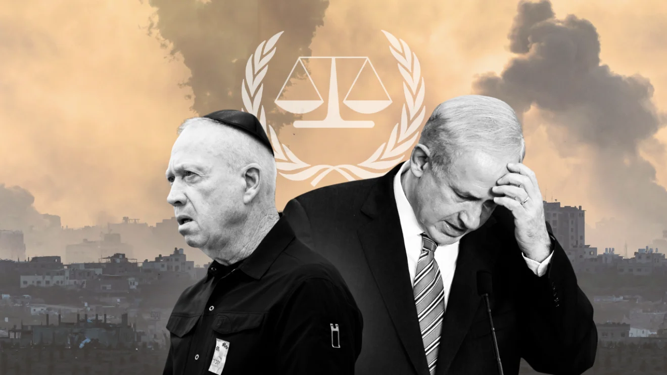 Security Minister Yoav Gallant (Left) and Israeli Prime Minister Benjamin Netanyahu (Right) over a backdrop of Gaza. Photo: MintPress News.