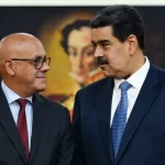 Venezuela's National Assembly President Jorge Rodríguez (left) and President Nicolás Maduro with a Simón Bolívar portrait in the background at Miraflores Palace, Caracas, Venezuela on June 2019. Photo: Matias de la Croix/Getty Images/file photo.