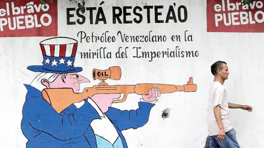 A political cartoon shows the US targeting Venezuela for its oil resources. Photo: contrainfo.com.