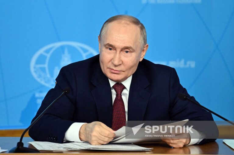 Russian President Vladimir Putin speaks during a meeting with the leadership of the Russian Foreign Ministry in Moscow, Russia, June 14, 2024. Photo: Sputnik/Alexey Maishev.