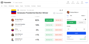 Screenshot of the Polymarket page showing the bets on the upcoming Venezuelan presidential elections. Photo: Polymarket.