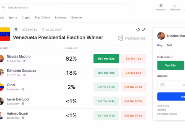 Screenshot of the Polymarket page showing the bets on the upcoming Venezuelan presidential elections. Photo: Polymarket.