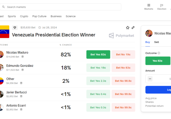 Screenshot of the Polymarket page showing the bets on the upcoming Venezuelan presidential elections. Photo: Polymarket.