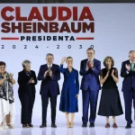 Mexican President-elect Claudia Sheinbaum (center) with the first six members of her government. Photo: La Jornada.