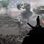 Collage of scenes of bombardment in Syria and militants holding weapons, with flags of Israel, United States, and the terrorist organization Islamic State in the background. Photo: The Cradle.