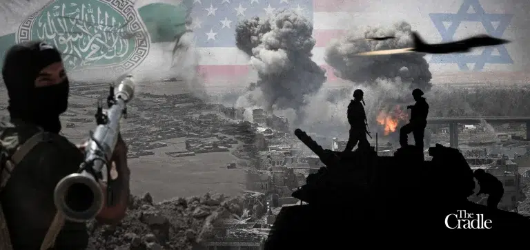 Collage of scenes of bombardment in Syria and militants holding weapons, with flags of Israel, United States, and the terrorist organization Islamic State in the background. Photo: The Cradle.
