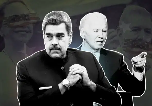 Compilation image showing Nicolas Maduro (Center) and Joe Biden (Background). Photo: MintPress News.
