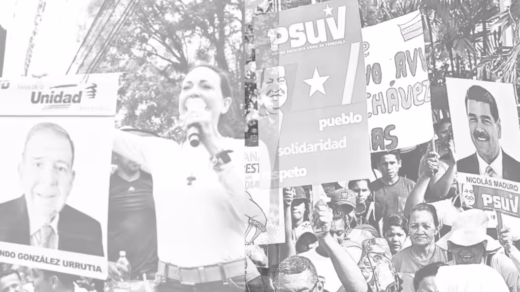 Photo composition showing far-right politician Maria Corina Machado (left) during a campaign rally. Machado holds a poster with a photo of Edmundo González. On the right, we are shown images of a Chavista rally with people holding banners with the campaign poster of President Nicolás Maduro (right). Photo: Orinoco Tribune.