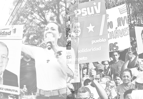 Photo composition showing far-right politician Maria Corina Machado (left) during a campaign rally. Machado holds a poster with a photo of Edmundo González. On the right, we are shown images of a Chavista rally with people holding banners with the campaign poster of President Nicolás Maduro (right). Photo: Orinoco Tribune.