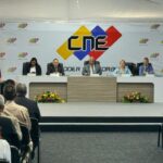 The authorities of Venezuela's National Electoral Council presiding at the ceremony where the signing of the anti-guarimbas agreements took place in Caracas on Thursday, June 20, 2024. Photo: Venezuela News.