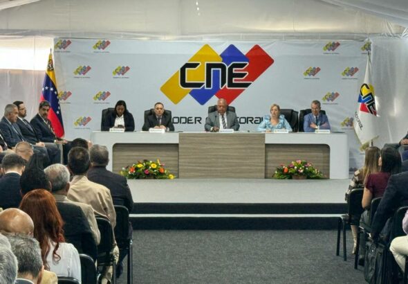 The authorities of Venezuela's National Electoral Council presiding at the ceremony where the signing of the anti-guarimbas agreements took place in Caracas on Thursday, June 20, 2024. Photo: Venezuela News.