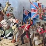 Photo composition blending two drawings on the imperialist destruction of China. (Left) "China -- the cake of kings and... of emperors" (a French pun on king cake and kings and emperors wishing to "consume" China). French political cartoon from 1898.(Right)The 18th (Royal Irish) Regiment of Foot at the storming of the forts of Amoy, 26 August 1841, by Michael Angelo Hayes. Photo: The Collector.