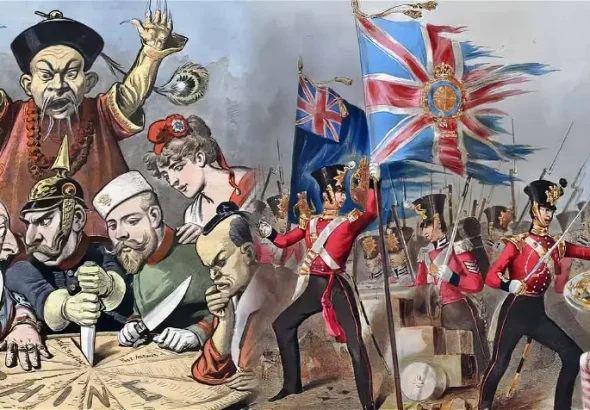 Photo composition blending two drawings on the imperialist destruction of China. (Left) "China -- the cake of kings and... of emperors" (a French pun on king cake and kings and emperors wishing to "consume" China). French political cartoon from 1898.(Right)The 18th (Royal Irish) Regiment of Foot at the storming of the forts of Amoy, 26 August 1841, by Michael Angelo Hayes. Photo: The Collector.