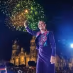With fireworks in the background, Mexican-elect President Claudia Sheinbaum greets the crowd gathering at the Zocalo in Mexico City to hear her victory speech in the early morning of Monday, June 3, 2024. Photo: X/@mario_delgado.