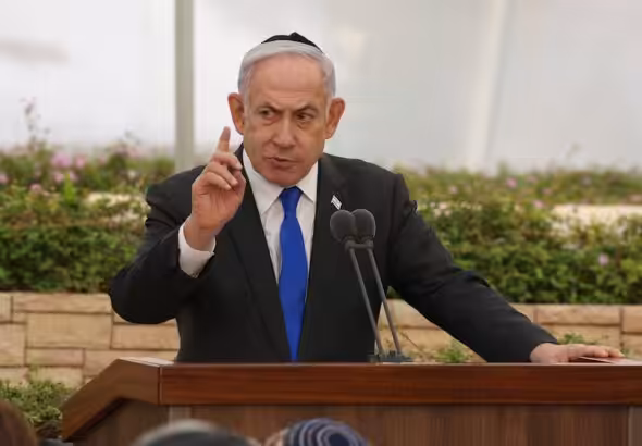 Israeli Prime Minister Benjamin Netanyahu speaks during a ceremony at the Nahalat Yitzhak Cemetery in Tel Aviv, occupied Palestine, June 18, 2024. Photo: AP.