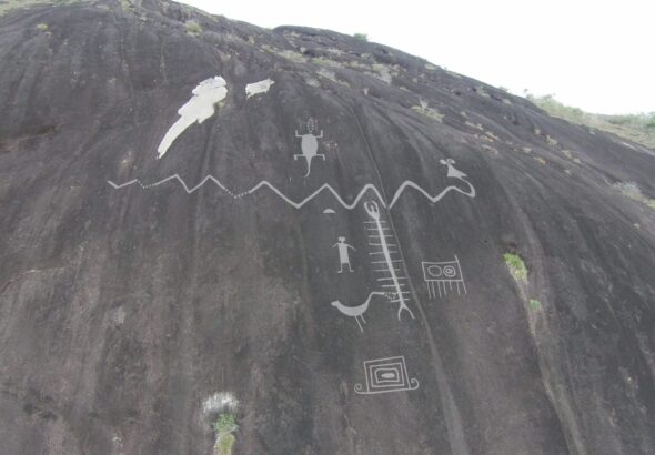 Aerial photograph of monumental Cerro Pintado petroglyphs with enhanced image overlay, 2017. Photo: Philip Riris/file photo.