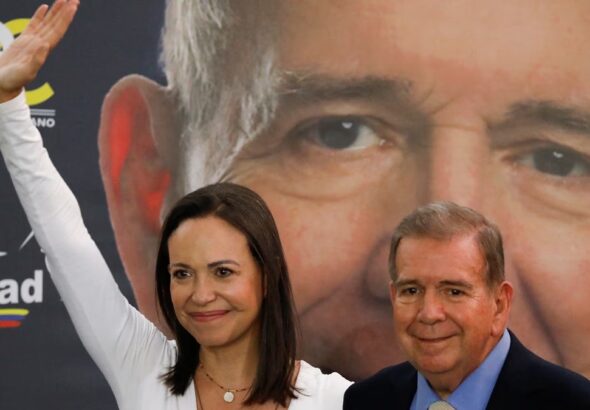 Far-right Venezuelan politician María Corina Machado (left) and opposition presidential candidate Edmundo González (right) at an electoral campaign event. File photo.