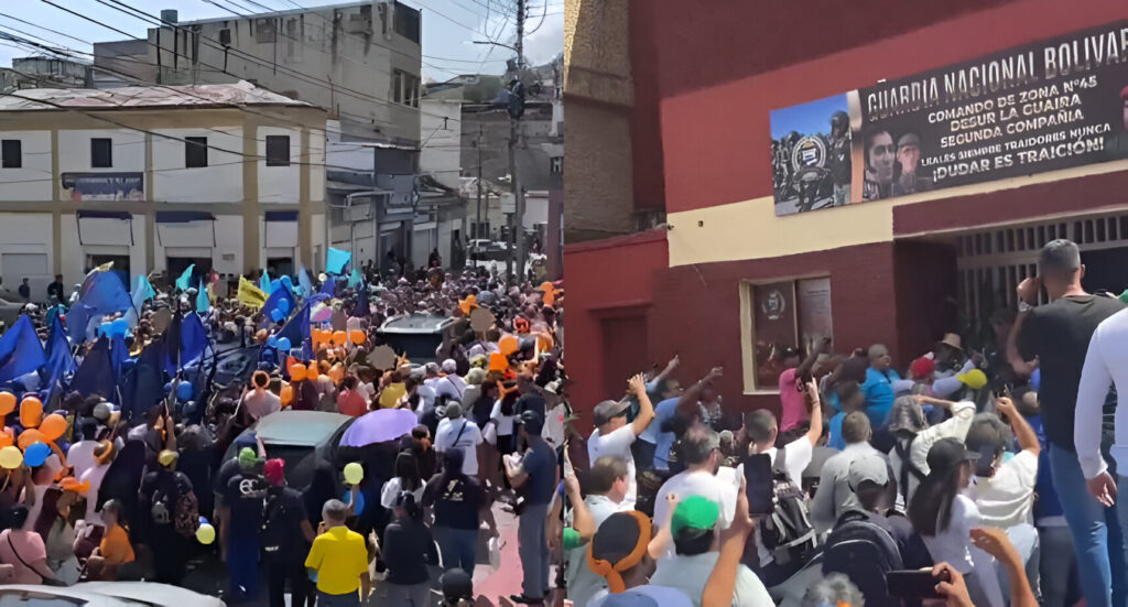 Photo composition of far-right supporters of the Unitary Platform candidate Edmundo González, chanting "democracy" and "freedom" in front of a Bolivarian National Guard contingent in La Guaira state, Venezuela, on June 8, 2024. Photo: Caraota Digital.