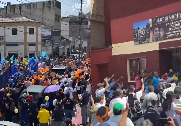 Photo composition of far-right supporters of the Unitary Platform candidate Edmundo González, chanting "democracy" and "freedom" in front of a Bolivarian National Guard contingent in La Guaira state, Venezuela, on June 8, 2024. Photo: Caraota Digital.