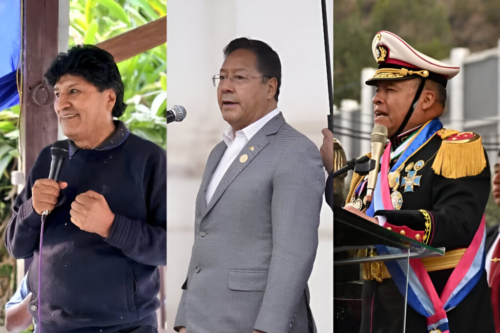 From left to right: Former Bolivian President Evo Morales, President Luis Arce, and now jailed General Juan José Zúñiga. Photo: La Tercera.