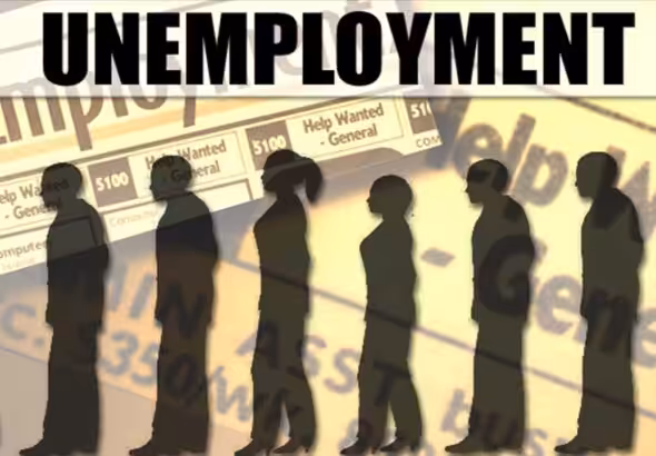 Human silhouettes walk in line, with employment news papers in the background. File photo.