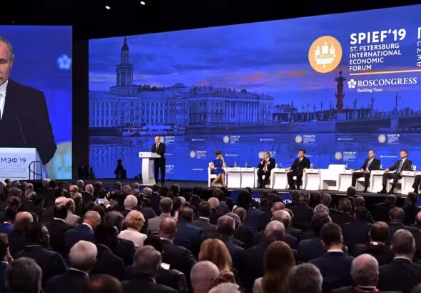 Russian President Vladimir Putin speaks at the plenary session of the St. Petersburg International Economic Forum in June 2019. Photo: Kremlin. 
