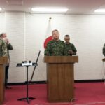 From left to right: US Pacific Command Commander General Charles A. Flynn, Chief of Staff of Ground Self Defense Force General Yoshihide Yoshida and Philippine Army, Commander lit Gen Romeo S. Brawner Jr on December 11, 2022, during a press conference in Camp Asaka, Tokio (Japan). Photo: Keizo Mori/UPI Credit: UPI/Alamy Live News.
