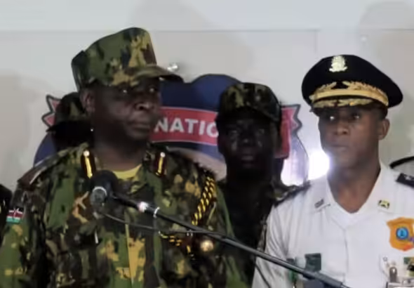 Kenyan MSS chief Godfrey Otunge (left) and new PNH chief Normil Rameau (right) during their Jul. 8, 2024 press conference to announce that they were “evaluating and planning” their next moves. Photo: Haïti Liberté.