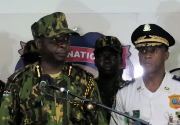 Kenyan MSS chief Godfrey Otunge (left) and new PNH chief Normil Rameau (right) during their Jul. 8, 2024 press conference to announce that they were “evaluating and planning” their next moves. Photo: Haïti Liberté.