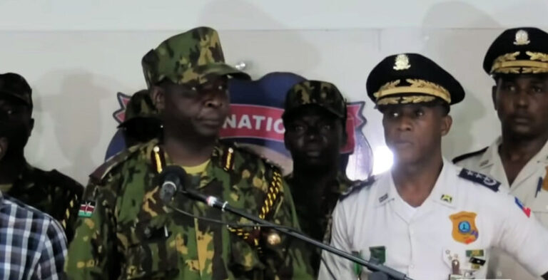 Kenyan MSS chief Godfrey Otunge (left) and new PNH chief Normil Rameau (right) during their Jul. 8, 2024 press conference to announce that they were “evaluating and planning” their next moves. Photo: Haïti Liberté.