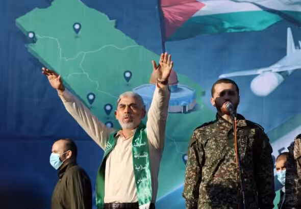 Leader of Hamas in Gaza Yahya Sinwar attends victory rally in Gaza city following a ceasefire with Israel after 11 days of fighting, May 24, 2021. Photo: Ashraf Amra/APA images.