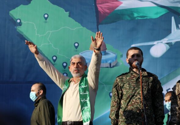 Leader of Hamas in Gaza Yahya Sinwar attends victory rally in Gaza city following a ceasefire with Israel after 11 days of fighting, May 24, 2021. Photo: Ashraf Amra/APA images.