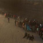 Migrants at border wall waiting to surrender to immigration officials in El Paso, TX, March 25, 2024. Photo: Reuters/Adrees Latif.