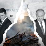 Photo composition: President Volodymyr Zelensky (left), President Vladimir Putin (right) and the destruction left by the war (middle). Photo: Batoul Chamas/Al Mayadeen English.